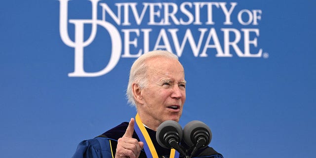 FILE: US President Joe Biden delivers the commencement address for his alma mater, the University of Delaware, at Delaware Stadium, in Newark, Delaware, on May 28, 2022. 