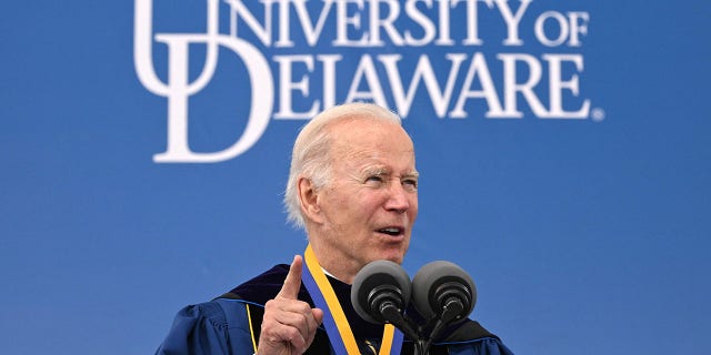 FILE: US President Joe Biden delivers the commencement address for his alma mater, the University of Delaware, at Delaware Stadium, in Newark, Delaware, on May 28, 2022. 