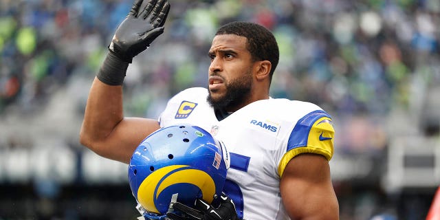 Bobby Wagner #45 of the Los Angeles Rams looks on during the third quarter against the Seattle Seahawks at Lumen Field on January 8, 2023 in Seattle, Washington.