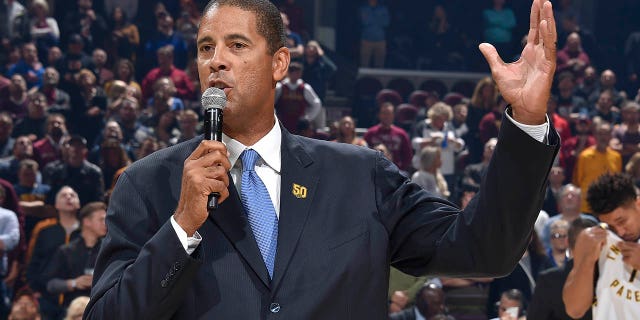 Former Cavalier Brad Daugherty waves to the fans before the game against the Indiana Pacers on October 26, 2019, at Quicken Loans Arena in Cleveland, Ohio.
