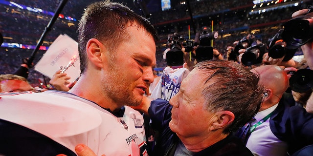 Tom Brady of the New England Patriots talks to head coach Bill Belichick after the Patriots defeat the Rams 13-3 during Super Bowl LIII at Mercedes-Benz Stadium on Feb. 3, 2019, in Atlanta, Georgia.