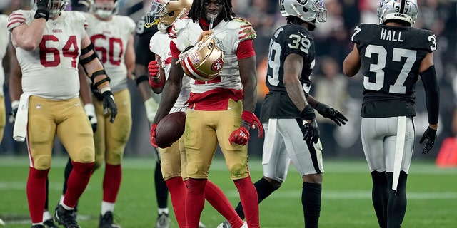 Brandon Aiyuk of the San Francisco 49ers reacts to a missed field goal against the Raiders at Allegiant Stadium on January 1, 2023 in Las Vegas.
