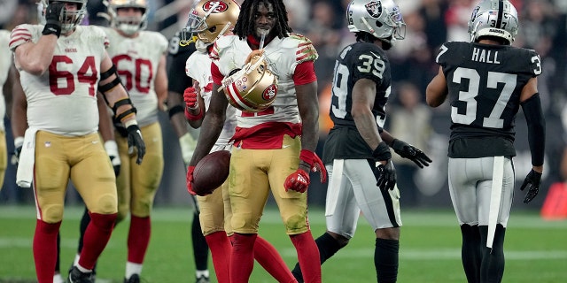 Brandon Aiyuk of the San Francisco 49ers reacts to a missed field goal against the Raiders at Allegiant Stadium on Jan. 1, 2023, in Las Vegas.