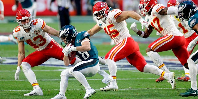 Britain Covey of the Philadelphia Eagles carries the ball against the Kansas City Chiefs in Super Bowl LVII on Feb. 12, 2023.