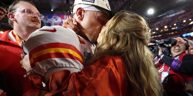 Patrick Mahomes celebrates with his wife, Brittany Mahomes, after the Kansas City Chiefs defeated the Philadelphia Eagles in Super Bowl LVII on February 12, 2023.