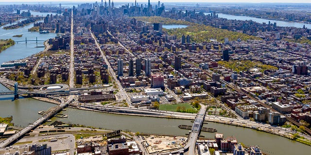 An aerial view of the South Bronx and Harlem on April 28, 2020, in New York City.