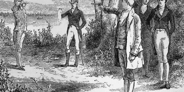 American politicians Alexander Hamilton (1757-1804) and Aaron Burr (1756-1836) take aim at each other in 1804 in the duel that would end Hamilton's life in Weehawken, New Jersey.