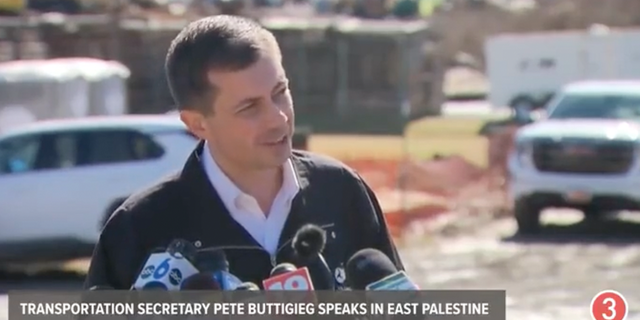 U.S. Department of Transportation Secretary Pete Buttigieg speaks to New Palestine, Ohio residents on Thursday.