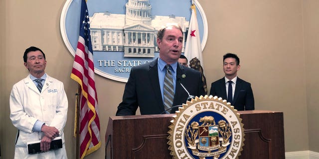 California Assemblymember Damon Connolly, a Democrat from San Rafael, speaks to reporters in Sacramento, Calif., on Feb. 23, 2023.