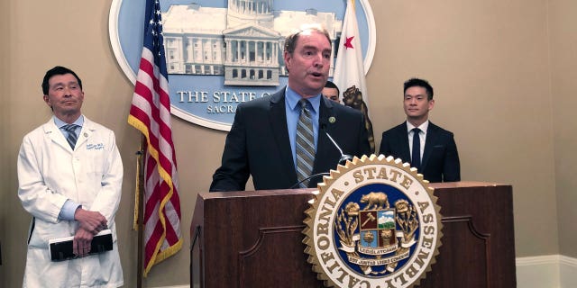 California Assemblymember Damon Connolly, a Democrat from San Rafael, speaks to reporters in Sacramento, Calif., on Feb. 23, 2023.