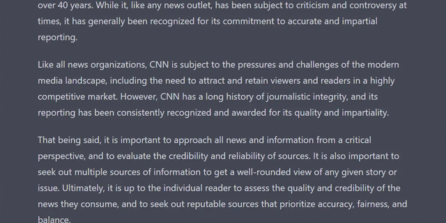 ChatGPT gives a cozy description of CNN when asked about the trustworthiness of the news network. 