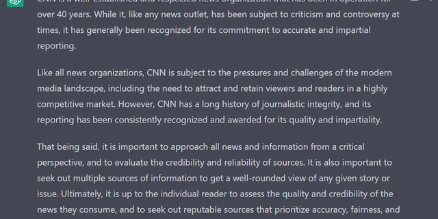 ChatGPT gives a cozy description of CNN when asked about the trustworthiness of the news network. 