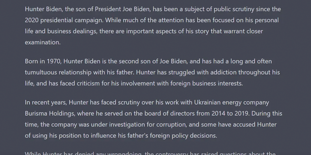A story about Hunter Biden in the style of CNN written by OpenAI chatbot ChatGPT.