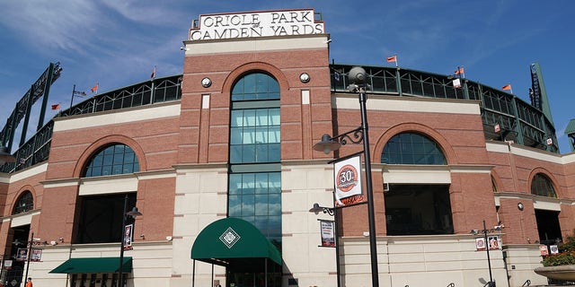 An exterior view of the front of Oriole Park at Camden Yards before a game between the Baltimore Orioles and the Oakland Athletics Sept. 3, 2022, in Baltimore.  