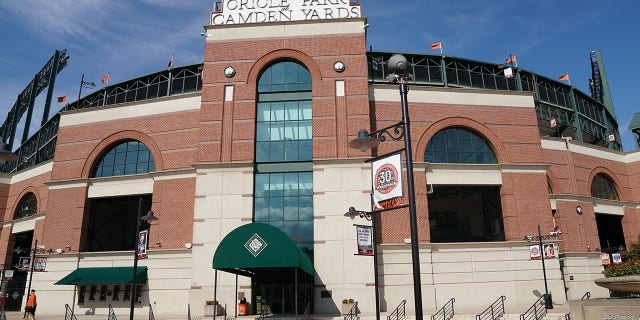 An exterior view of the front of Oriole Park at Camden Yards before a game between the Baltimore Orioles and the Oakland Athletics Sept. 3, 2022, in Baltimore.