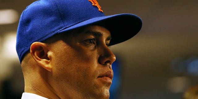 Carlos Beltrán speaks to the media after being introduced as manager of the New York Mets during a press conference at Citi Field on November 4, 2019 in New York City.