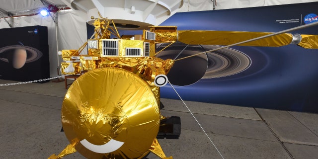 A model of the Cassini spacecraft is seen at NASA's Jet Propulsion Laboratory (JPL) Sept. 13, 2017, in Pasadena, California.