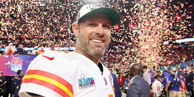 Chad Henne of the Kansas City Chiefs celebrates after defeating the Philadelphia Eagles 38-35 in Super Bowl LVII at State Farm Stadium on Feb. 12, 2023, in Glendale, Arizona.