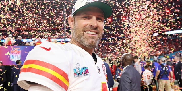 Chad Henne #4 of the Kansas City Chiefs celebrates after defeating the Philadelphia Eagles 38-35 in Super Bowl LVII at State Farm Stadium on February 12, 2023 in Glendale, Arizona.