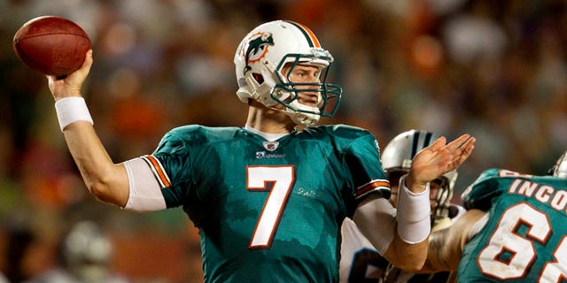Dolphins quarterback Chad Henne throws a pass against the Carolina Panthers at Sun Life Stadium in Miami Gardens, Florida, on Aug. 19, 2011.