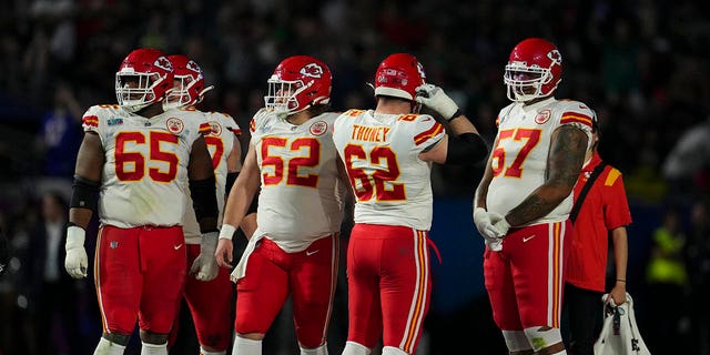 Creed Humphrey (52) of the Kansas City Chiefs waits for the end of a media timeout against the Philadelphia Eagles during the fourth quarter in Super Bowl LVII at State Farm Stadium Feb. 12, 2023, in Glendale, Ariz.