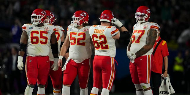 Creed Humphrey (52) of the Kansas City Chiefs waits for the end of a media timeout against the Philadelphia Eagles during the fourth quarter in Super Bowl LVII at State Farm Stadium Feb. 12, 2023, in Glendale, Ariz.