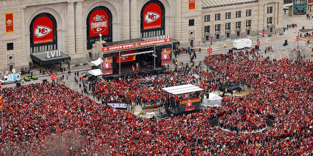 A general view as Kansas City Chiefs owner Clark Hunt speaks on stage during the Kansas City Chiefs Super Bowl LVII victory parade on February 15, 2023 in Kansas City, Missouri.