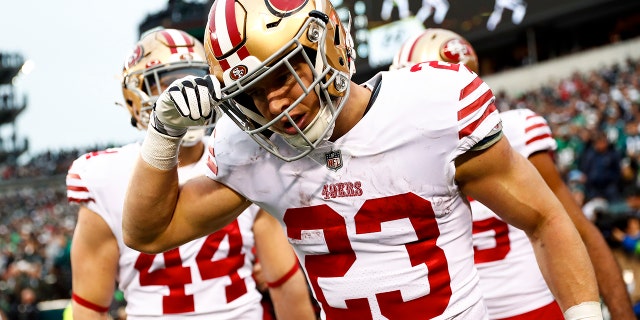 Christian McCaffrey #23 of the San Francisco 49ers celebrates with teammates after scoring a touchdown during the second quarter of the NFC Championship NFL football game against the Philadelphia Eagles at Lincoln Financial Field on January 29, 2023 in Philadelphia, Pennsylvania.