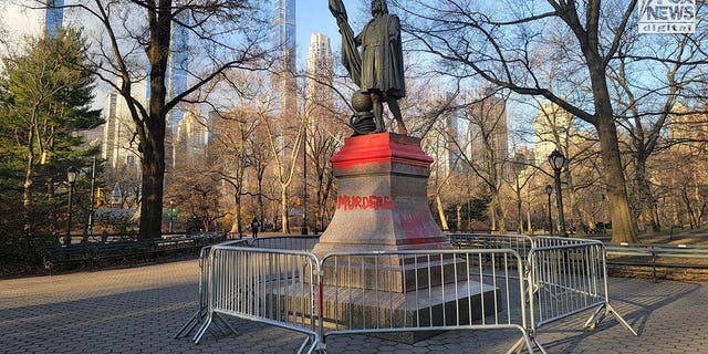 A statue of Christopher Columbus successful Central Park, New York is seen aft having been defaced, Monday, Feb. 27, 2023. 