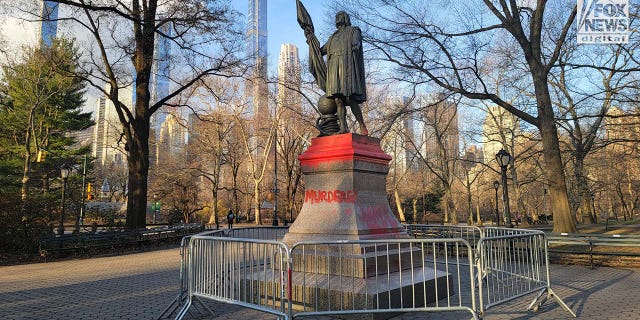 A statue of Christopher Columbus in New York's Central Park is seen after it was defaced, Monday, February 27, 2023. 