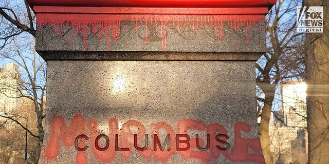 The base of a statue of Christopher Columbus in Central Park was covered in red.