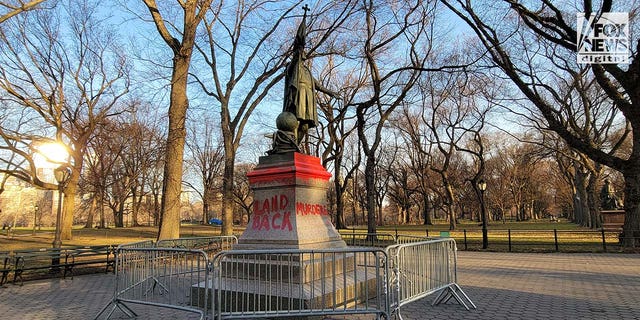 A statue of Christopher Columbus was vandalized successful Central Park. 