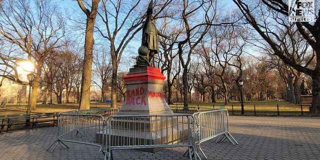 A statue of Christopher Columbus has been vandalized in Central Park. 