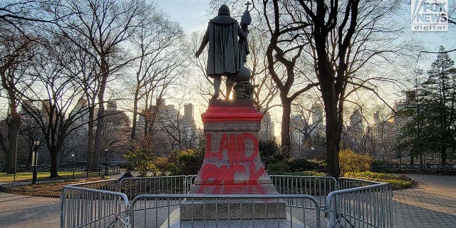 The statue of Christopher Columbus in Central Park was spray-painted with the words "Killer" and "Land on". 