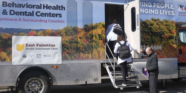 The Ohio Department of Health Assessment Clinic mobile unit outside First Church of Christ in East Palestine, Ohio, on Feb. 21.