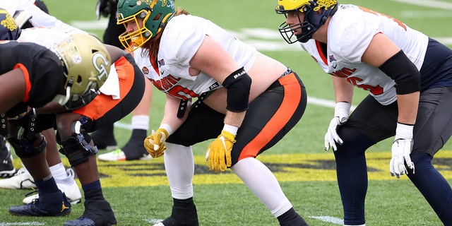 National offensive lineman Cody Mauch of North Dakota State during the Reese's Senior Bowl practice session on Feb. 1, 2023, at Hancock Whitney Stadium in Mobile, Alabama.