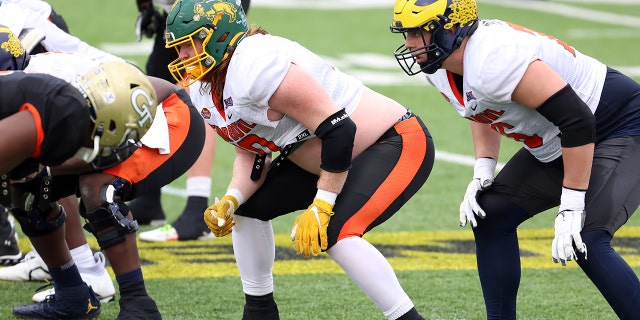 National offensive lineman Cody Mauch of North Dakota State during the Reese's Senior Bowl practice session on Feb. 1, 2023, at Hancock Whitney Stadium in Mobile, Alabama.