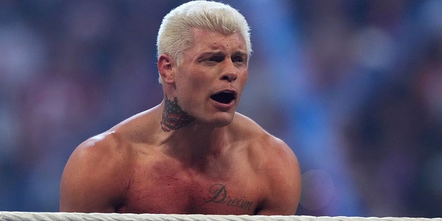 Cody Rhodes celebrates after winning the WWE Men's Royal Rumble match at the Alamodome in San Antonio on January 28, 2023.