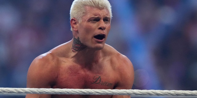 Cody Rhodes celebrates after winning the men's WWE Royal Rumble match at the Alamodome in San Antonio Jan. 28, 2023.