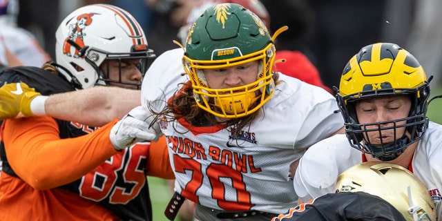 Cody Mauch of North Dakota State during the second day of Senior Bowl week at Hancock Whitney Stadium on February 1, 2023 in Mobile, Alabama.
