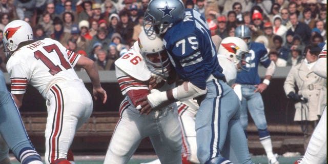 Jethro Pugh #75 de los Dallas Cowboys corre contra Conrad Dobler #66 de los St. Louis Cardinals durante un partido de fútbol americano de la NFL el 3 de diciembre de 1972 en el Busch Stadium en St. Louis, Missouri.  Pugh jugó para los Vaqueros de 1965 a 1978.