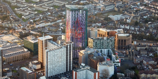 An aerial view of Croydon, a town in South London, U.K.