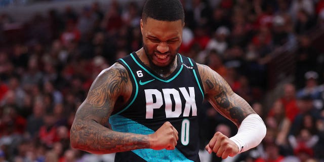 Damian Lillard, #0 of the Portland Trail Blazers, celebrates a basket against the Chicago Bulls during the first half at United Center on Feb. 4, 2023 in Chicago.