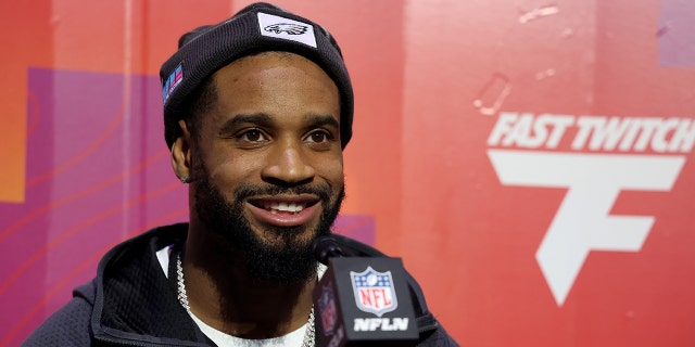 Darius Slay of the Philadelphia Eagles speaks to the media during Super Bowl LVII Opening Night at Footprint Center on Feb. 6, 2023, in Phoenix, Arizona.