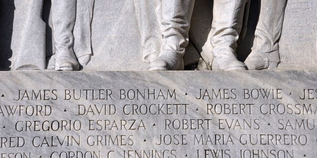 Legendary frontiersman David Crockett is among the men whose names and likenesses are included on the Alamo Cenotaph monument near Mission San Antonio de Valero, better known as the Alamo, in San Antonio, Texas. The granite and marble monument, erected in 1939, honors the men, including Davy Crockett, who died in the famous Battle of the Alamo in 1836. 