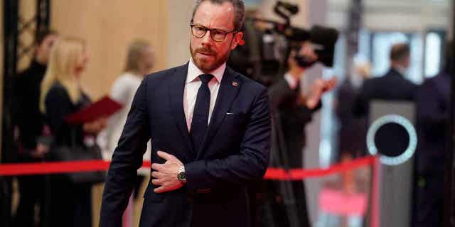 Denmark's Minister of Defense Jakob Ellemann-Jensen arrives to attend the Summit of the Joint Expeditionary Force in Riga, Latvia, on Dec. 19, 2022. Ellemann-Jensen has taken a leave of absence for an undetermined period of time after he felt uneasy last week.