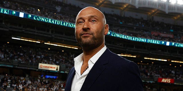 The New York Yankees honor Derek Jeter prior to the game between the Tampa Bay Rays and the New York Yankees at Yankee Stadium on September 9, 2022, in the Bronx borough of New York City.