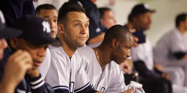 New York Yankees Derek Jeter, #2, during a game versus the Minnesota Twins.