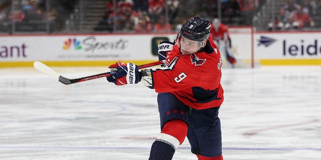 Dmitry Orlov of the Washington Capitals shoots against the Florida Panthers during the second period at Capital One Arena on February 16, 2023 in Washington, DC