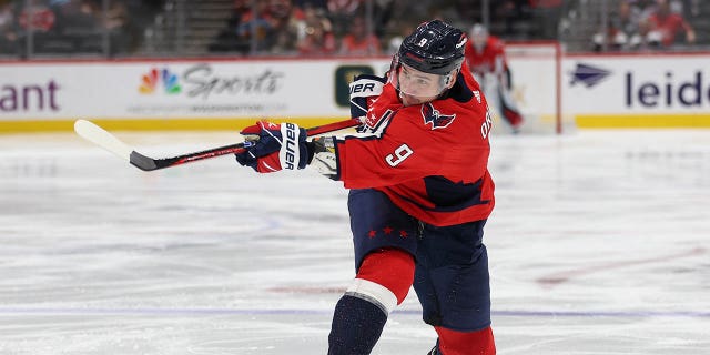 Dmitry Orlov of the Washington Capitals shoots against the Florida Panthers during the second period at Capital One Arena on February 16, 2023 in Washington, DC